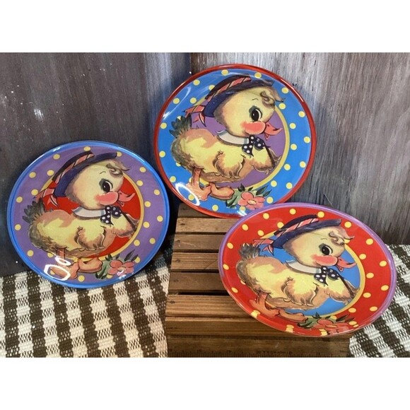 Katherine's Collection Hand Painted Duckling Plates Colorful & Fun Set Of 3 - Picture 1 of 14